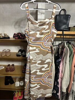 Vintage Handmade 1970’s Women’s Brown Retro Wave Print Midi Dress